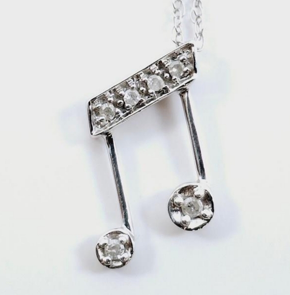 10K Solid White Gold Diamond Accent White Gold Musical Note Pendant Necklace - Picture 3 of 9